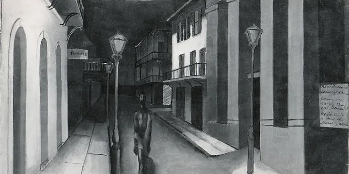A black and white painting of a street at night. The buildings are close, many have balconies on the second floor. A black man with short hair and a beard is walking towards the viewer; the street is otherwise deserted.
