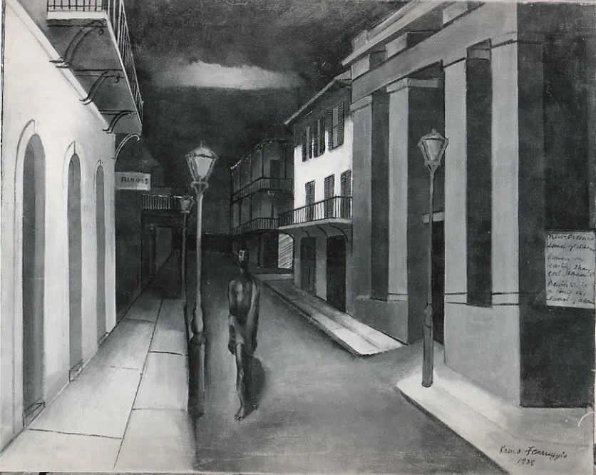 A black and white painting of a street at night. The buildings are close, many have balconies on the second floor. A black man with short hair and a beard is walking towards the viewer; the street is otherwise deserted.