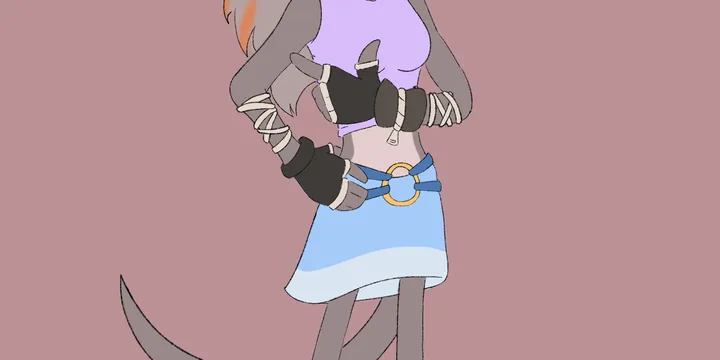 Illustration of Terra, an anthropormorphic mouse with grey fur and hair, glowing orange irises, wearing a pink tank top and a blue skirt.