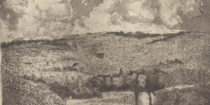 Monochrome watercolor-like drawing of a country road with a single figure walking along.