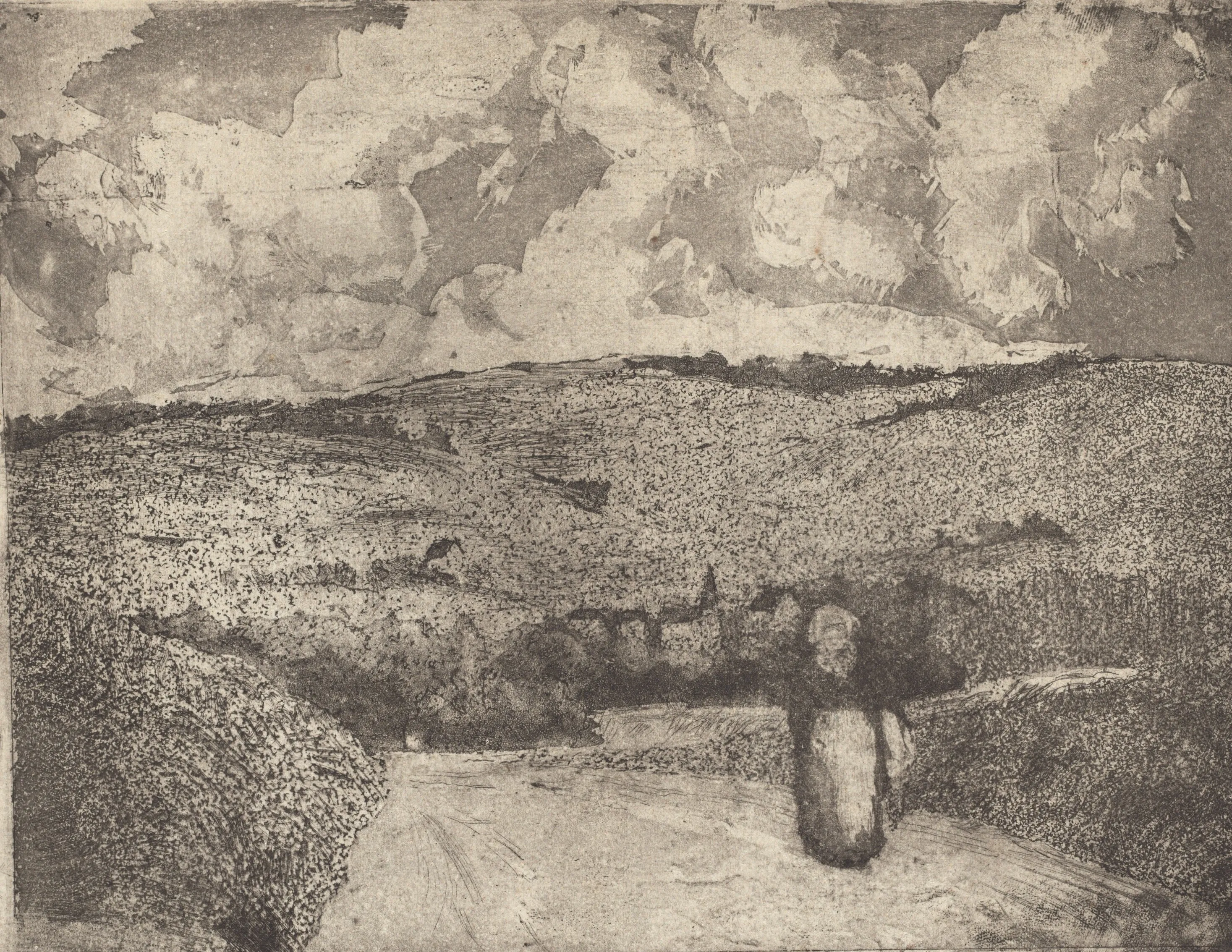 Monochrome watercolor-like drawing of a country road with a single figure walking along.