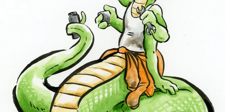 Dana, a 4-armed naga holding a wrench in her upper left hand and a mug in her lower right hand. Her upper right hand is lifting a pair of goggles to her forehead which is covered in a bandanna. She is in a stained white shirt with orange overalls tied around her waist. She is holding a thermos in her tail.
