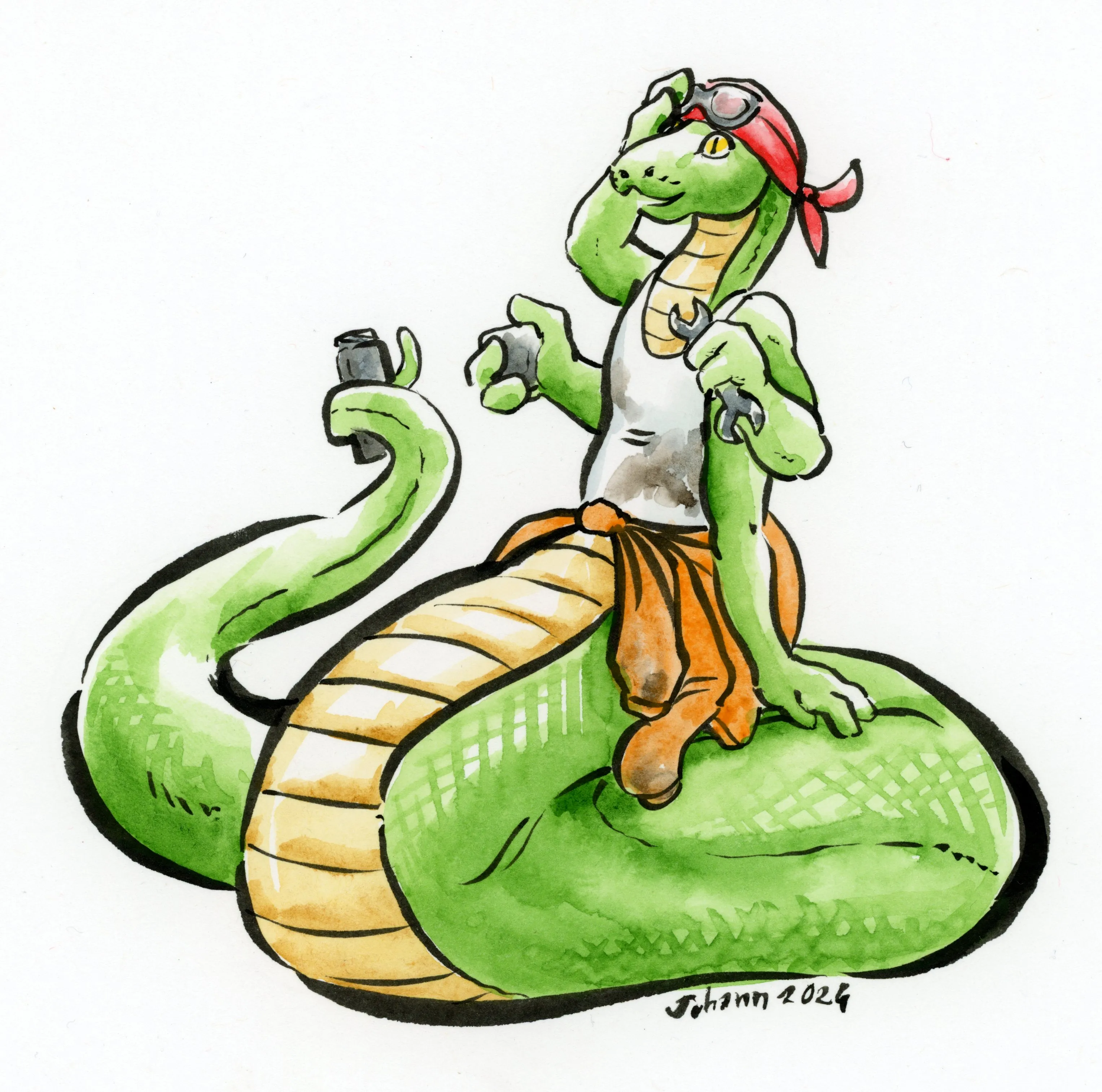 Dana, a 4-armed naga holding a wrench in her upper left hand and a mug in her lower right hand. Her upper right hand is lifting a pair of goggles to her forehead which is covered in a bandanna. She is in a stained white shirt with orange overalls tied around her waist. She is holding a thermos in her tail.