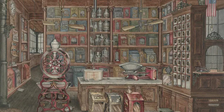 The interior of an old-fashioned general store with wooden shelves stocked with various tins and containers.