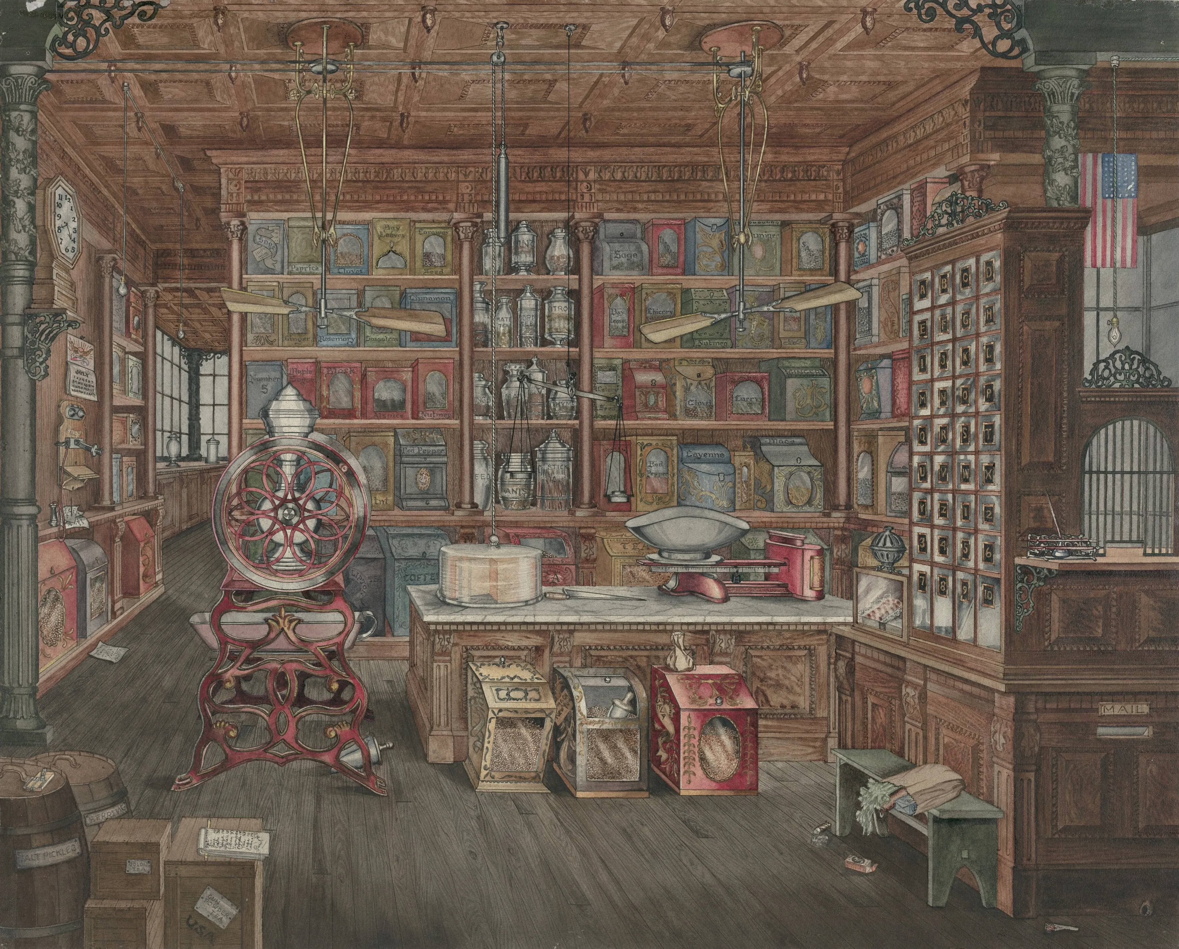 The interior of an old-fashioned general store with wooden shelves stocked with various tins and containers.