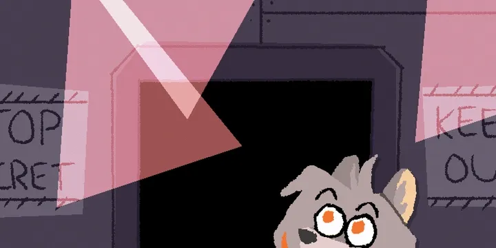 Terra Astra, an anthropomorphic mouse, standing at a door to a top secret room as alarms go off.