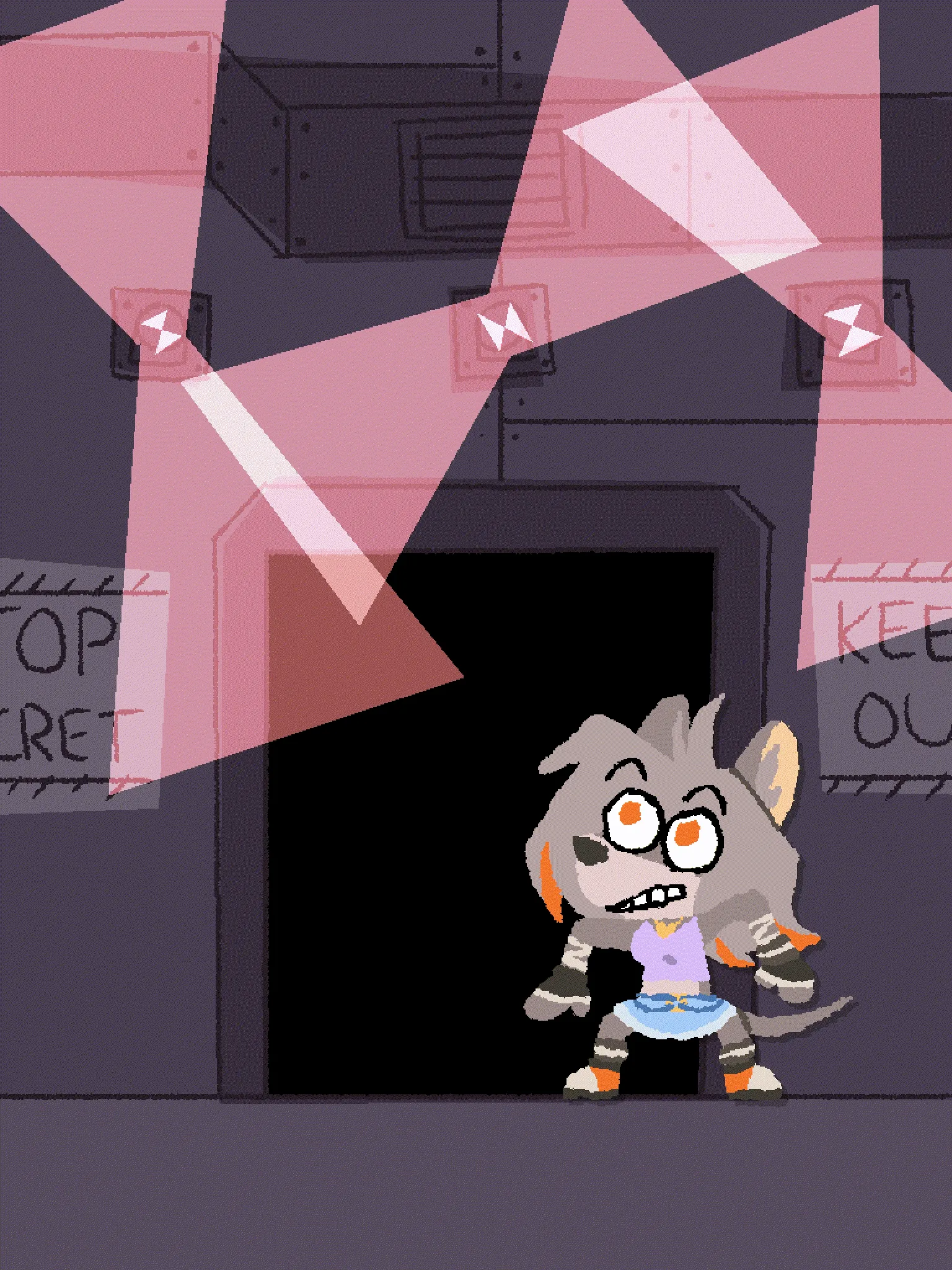 Terra Astra, an anthropomorphic mouse, standing at a door to a top secret room as alarms go off.