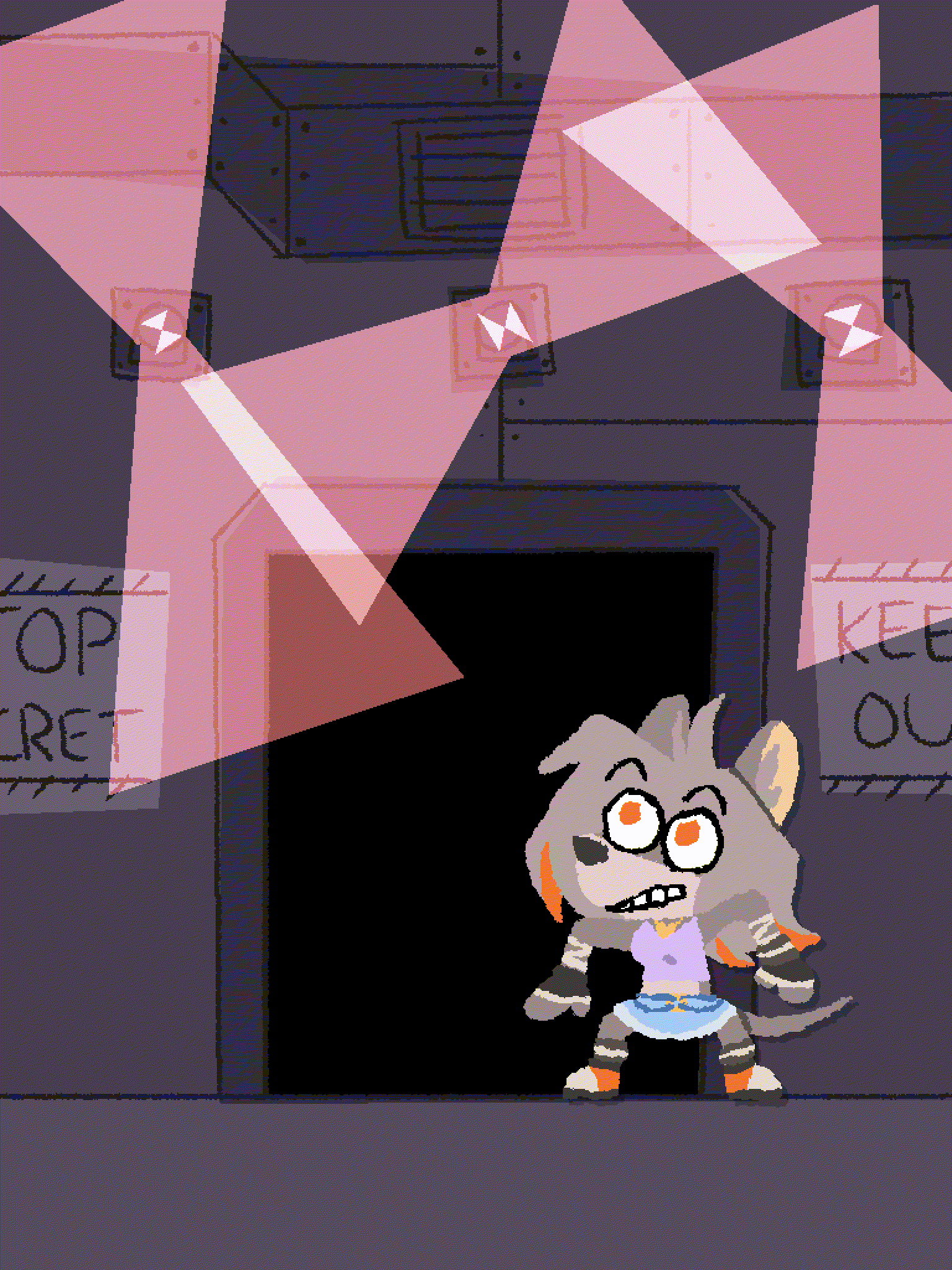 Terra Astra, an anthropomorphic mouse, standing at a door to a top secret room as alarms go off.
