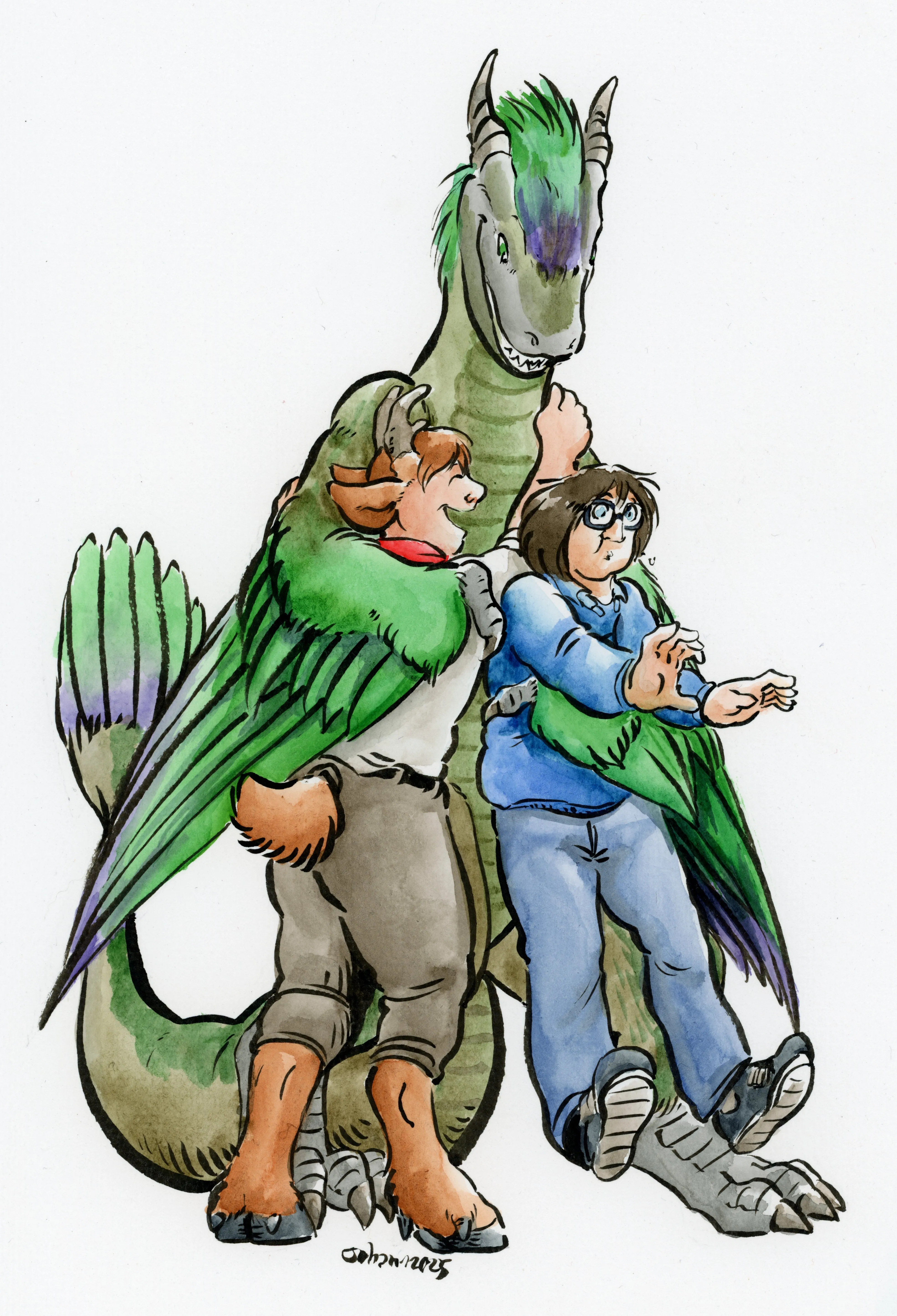 Illustration of Red, Green, and Blue. Green the wyvern has their feathered wing-arms around Red and Blue. Red the faun is hugging back and smiling. Blue the human looks to have the wind knocked out of them by the force of the hug.