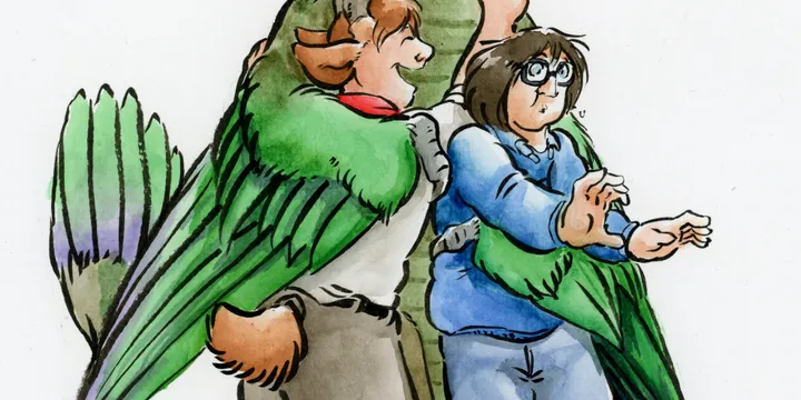 Illustration of Red, Green, and Blue. Green the wyvern has their feathered wing-arms around Red and Blue. Red the faun is hugging back and smiling. Blue the human looks to have the wind knocked out of them by the force of the hug.